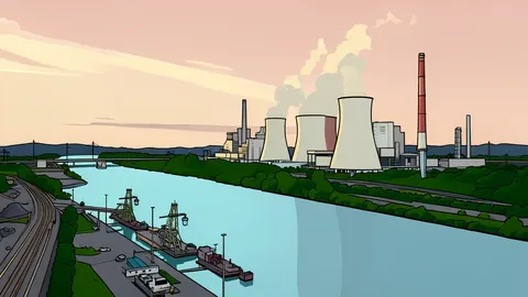 A large cooling tower structure with steam rising from the top