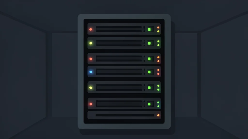 A flat vector illustration of a server rack with glowing indicator lights in a dark data center.