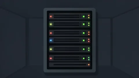 A flat vector illustration of a server rack with glowing indicator lights in a dark data center.