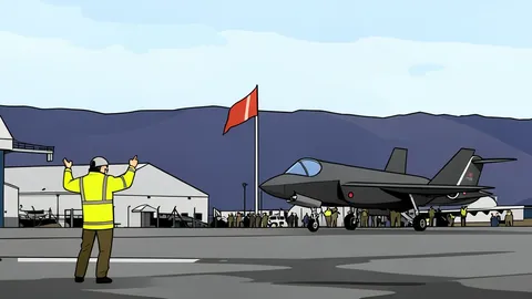A sleek, dark grey stealth fighter jet parked on a snow-covered runway with jagged icebergs in the background