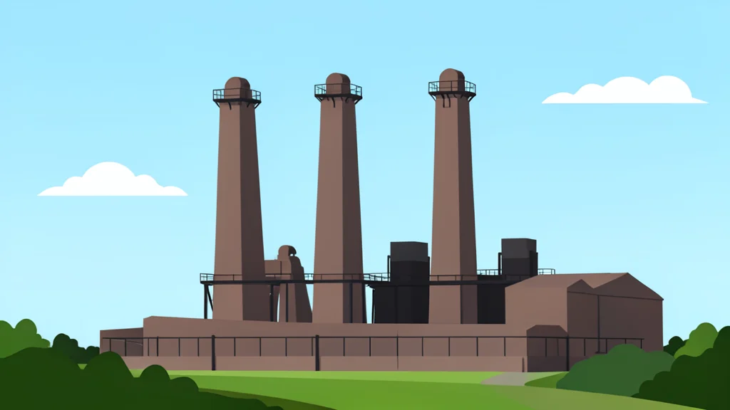 A flat-vector illustration of an industrial steel mill with tall blast furnaces and cooling towers.