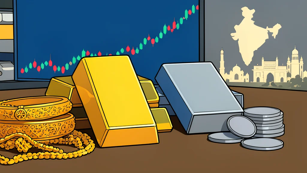 A stack of polished gold bars and a silver ingot resting on a dark surface