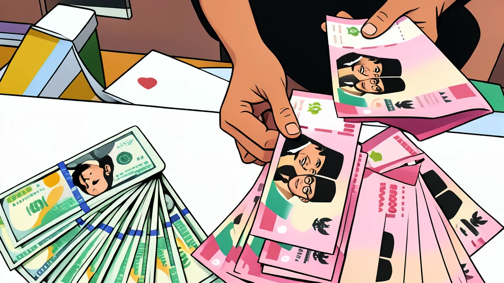 A stack of Indonesian rupiah banknotes resting on a wooden desk next to a US dollar bill