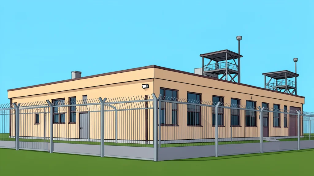 A flat vector illustration of a secure detention facility with high fencing and watchtowers.