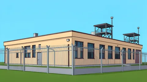 A flat vector illustration of a secure detention facility with high fencing and watchtowers.
