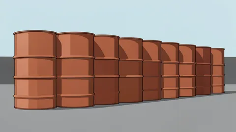 A row of stacked steel oil barrels in an industrial storage yard