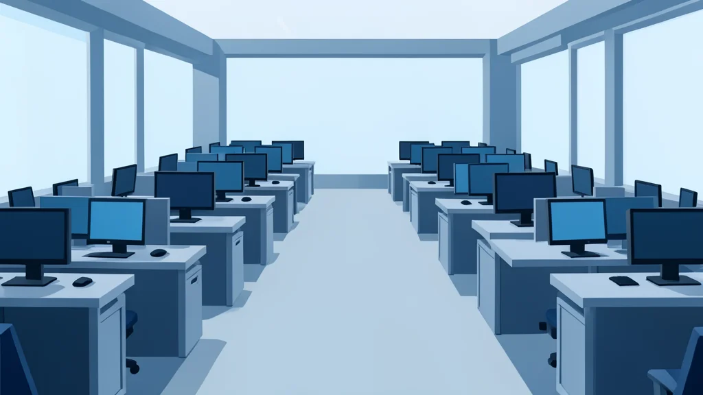A stylized view of a modern trading floor with rows of desks and monitors