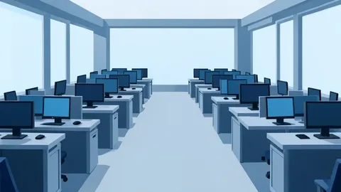 A stylized view of a modern trading floor with rows of desks and monitors