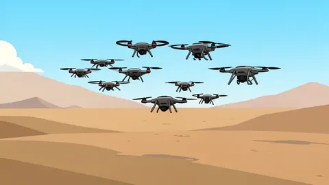 A cluster of small quadcopter drones hovering over a dusty, open landscape