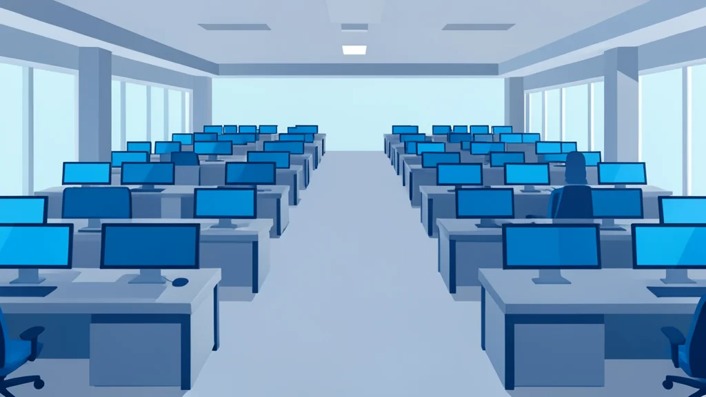 A stylized flat-vector illustration of a trading floor with rows of empty desks and monitors.