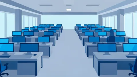 A stylized flat-vector illustration of a trading floor with rows of empty desks and monitors.