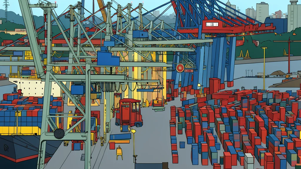 A large container ship docked at a port terminal with stacked shipping containers and gantry cranes in the background.