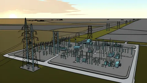 A high-voltage electrical transmission tower standing in a grassy field