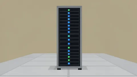 A server rack with blinking status lights in a data center