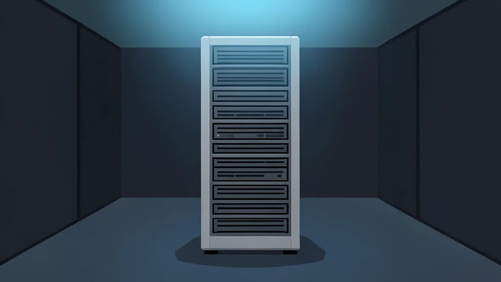 A tall server rack standing alone in a dark data center aisle with blue ambient lighting.
