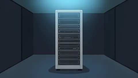A tall server rack standing alone in a dark data center aisle with blue ambient lighting.