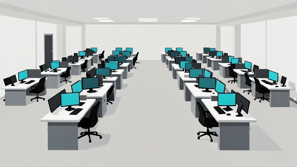 A stylized, flat-vector illustration of a modern stock exchange trading floor featuring rows of desks and monitors.