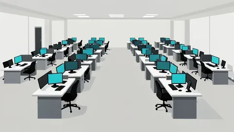 A stylized, flat-vector illustration of a modern stock exchange trading floor featuring rows of desks and monitors.