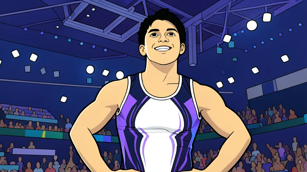 A stylized vector illustration of a gymnast on parallel bars in a competition hall, emphasizing motion and balance.