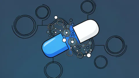 A flat-vector illustration of a laboratory bench featuring glass vials and a microscope.
