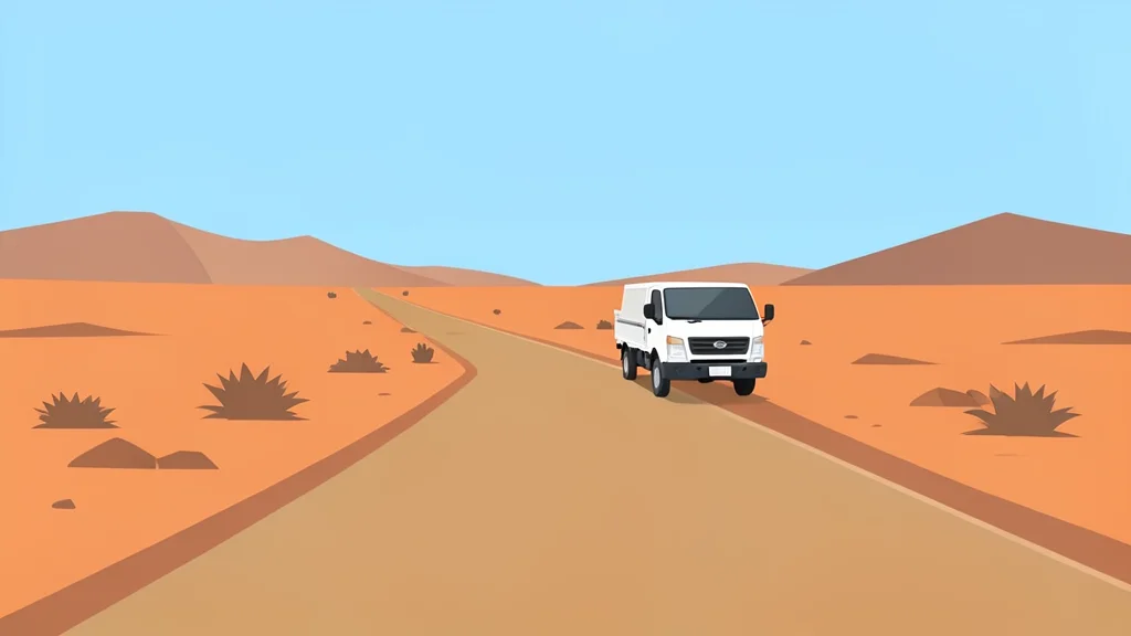 A dusty, unpaved road stretching through an arid landscape with a single white truck parked on the side
