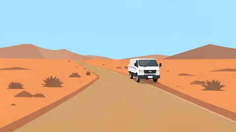 A dusty, unpaved road stretching through an arid landscape with a single white truck parked on the side