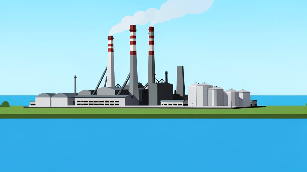 A flat vector illustration of an industrial oil refinery with smokestacks and tanks along a wide river.
