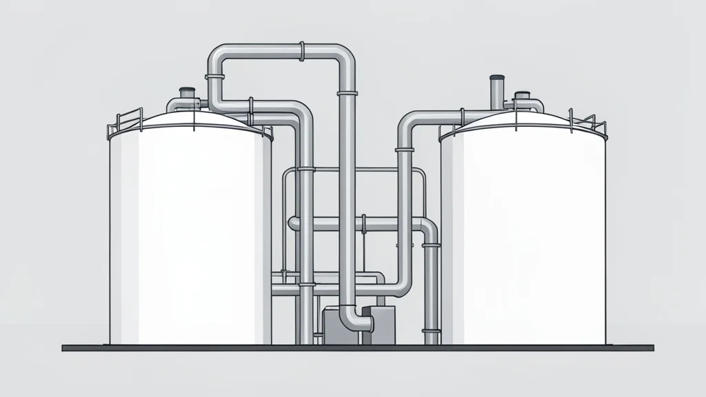 A large industrial chemical plant with white storage tanks and piping.