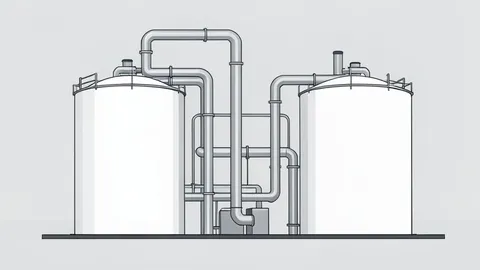 A large industrial chemical plant with white storage tanks and piping.