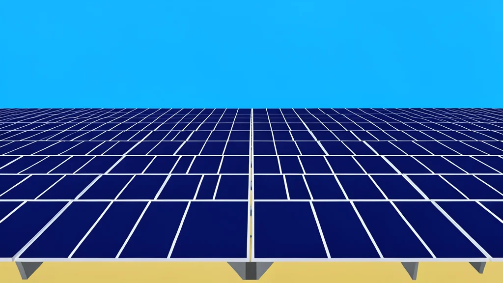 A flat-vector illustration of a solar farm with rows of photovoltaic panels under a bright blue sky.