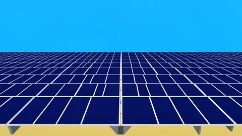 A flat-vector illustration of a solar farm with rows of photovoltaic panels under a bright blue sky.
