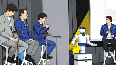 A flat vector illustration of a wheeled humanoid robot with two arms standing in a hospital corridor.