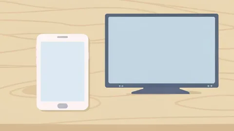 A flat vector illustration of a smartphone and television set on a wooden table.