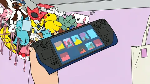 A flat-vector illustration of a handheld gaming device with a screen and control sticks resting on a wooden desk