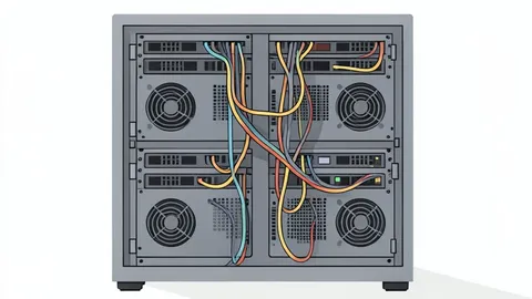 A server rack with visible cabling and ventilation fans