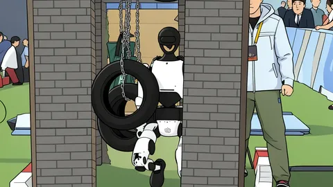 A humanoid robot standing on a rugged obstacle course with broken bridges and rubble