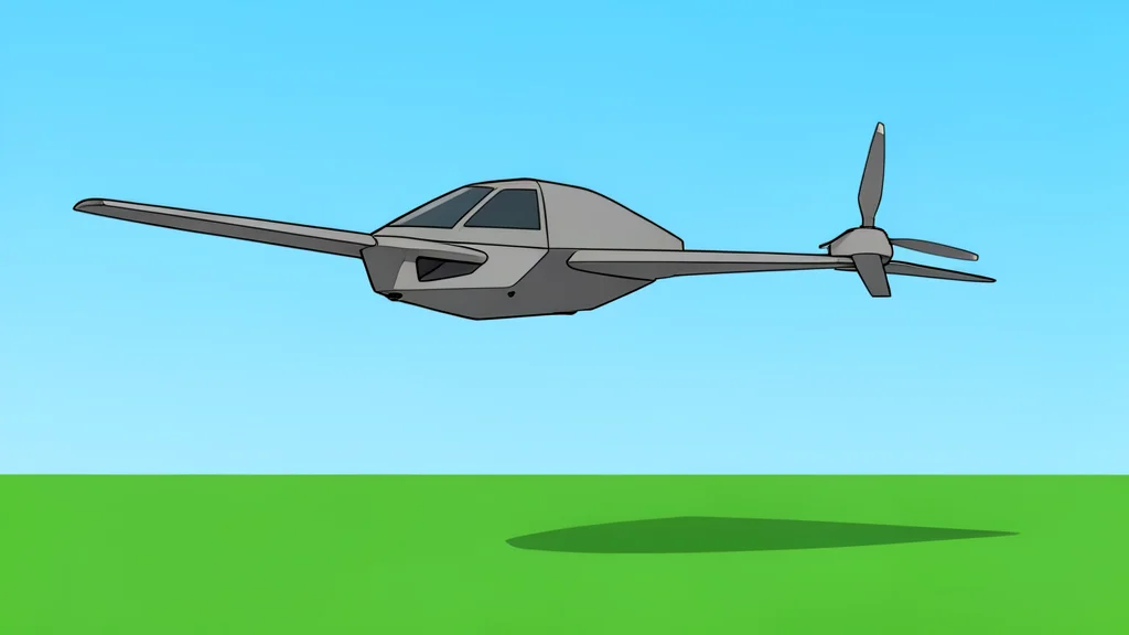 A grey unmanned aerial vehicle with a long fuselage and rear propeller hovering above a flat green landscape.