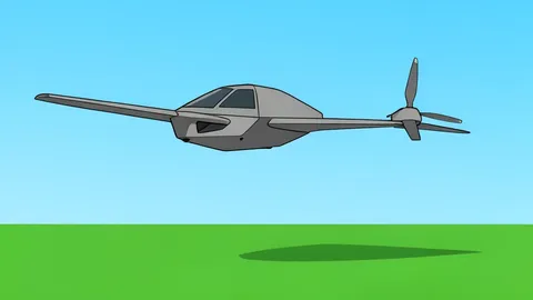 A grey unmanned aerial vehicle with a long fuselage and rear propeller hovering above a flat green landscape.
