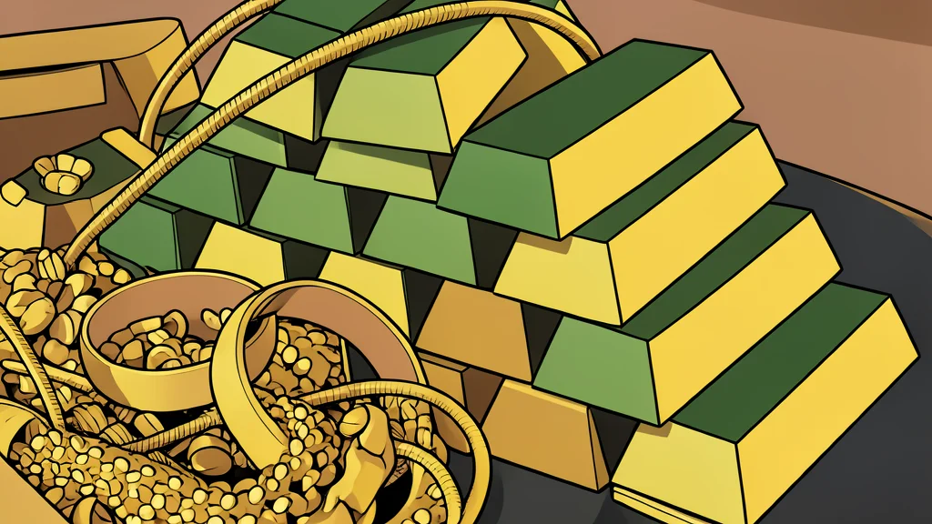 A large, rough nugget of raw gold resting on a dark stone surface
