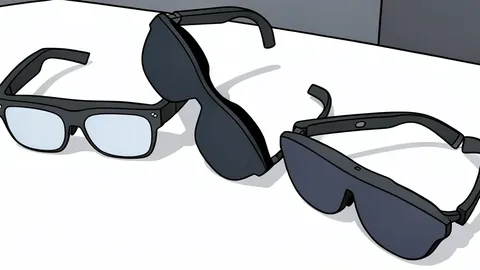 A pair of modern eyeglasses with a small camera lens embedded in the frame