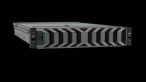 A row of black server racks with blinking status lights in a data center aisle