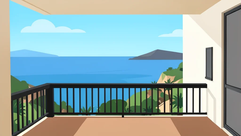 A flat-vector illustration of a hotel balcony railing overlooking a calm blue Mediterranean sea.