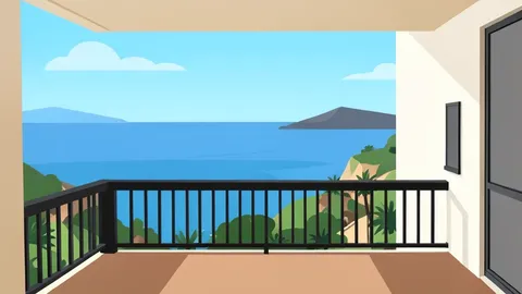 A flat-vector illustration of a hotel balcony railing overlooking a calm blue Mediterranean sea.