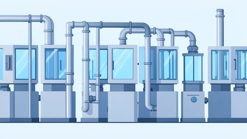 Rows of large industrial machines with glass windows and metallic piping in a cleanroom environment.