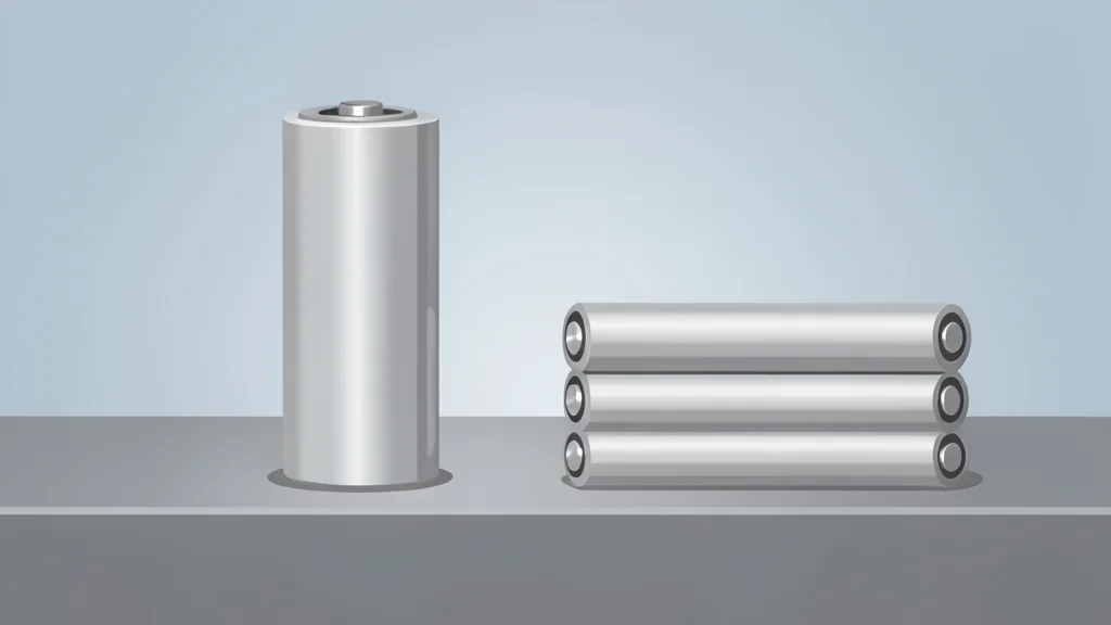 A cylindrical lithium-ion battery cell standing upright on a metal workbench next to a stack of similar cells