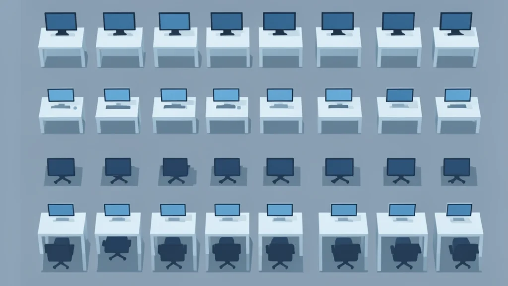 A flat-vector illustration of a trading floor with rows of desks and monitors.