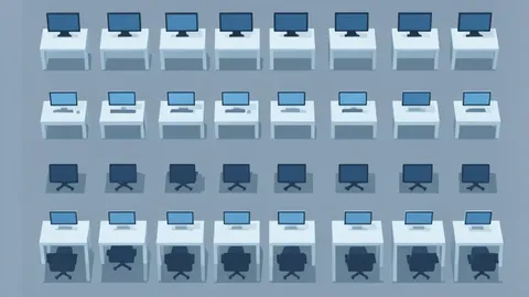 A flat-vector illustration of a trading floor with rows of desks and monitors.