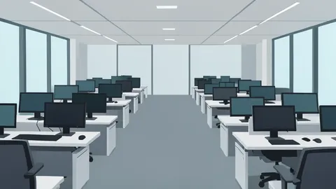 A flat vector illustration of a trading floor with rows of empty desks and monitors.