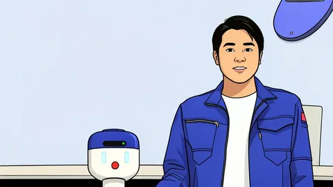 A flat-vector illustration of a wheeled humanoid robot standing in a hospital corridor.