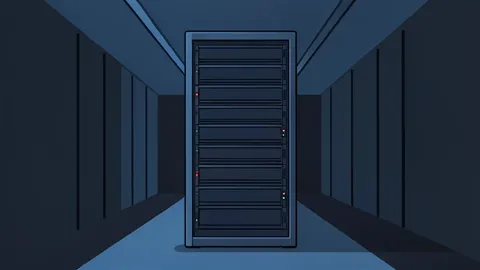 A single server rack standing in a dark data center aisle with blue lighting